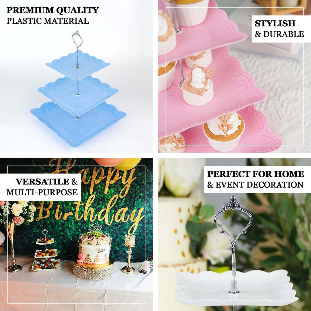 3-Tier Plastic Square Cupcake Stand Tower White - Charming Easy to Assemble Dessert Display Serving Tray Platter with Floral Embossed Scalloped Rim & Silver Handle for Tea Parties Weddings & Special Occasions 13"