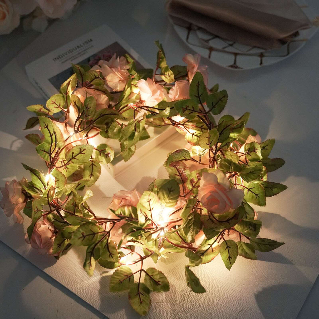 7ft 20 LED Blush Silk Rose Flower Garland Vine String Lights, Warm White Battery Operated