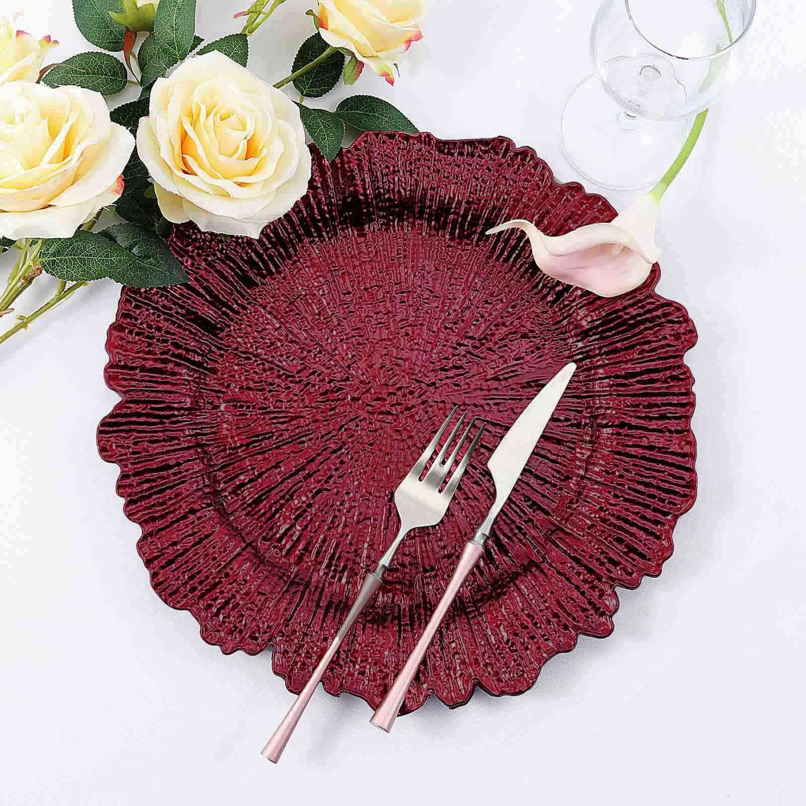 6-Pack Acrylic Plastic Round Charger Plates 13" in Burgundy with Reef Design, Dinner Charger Tableware