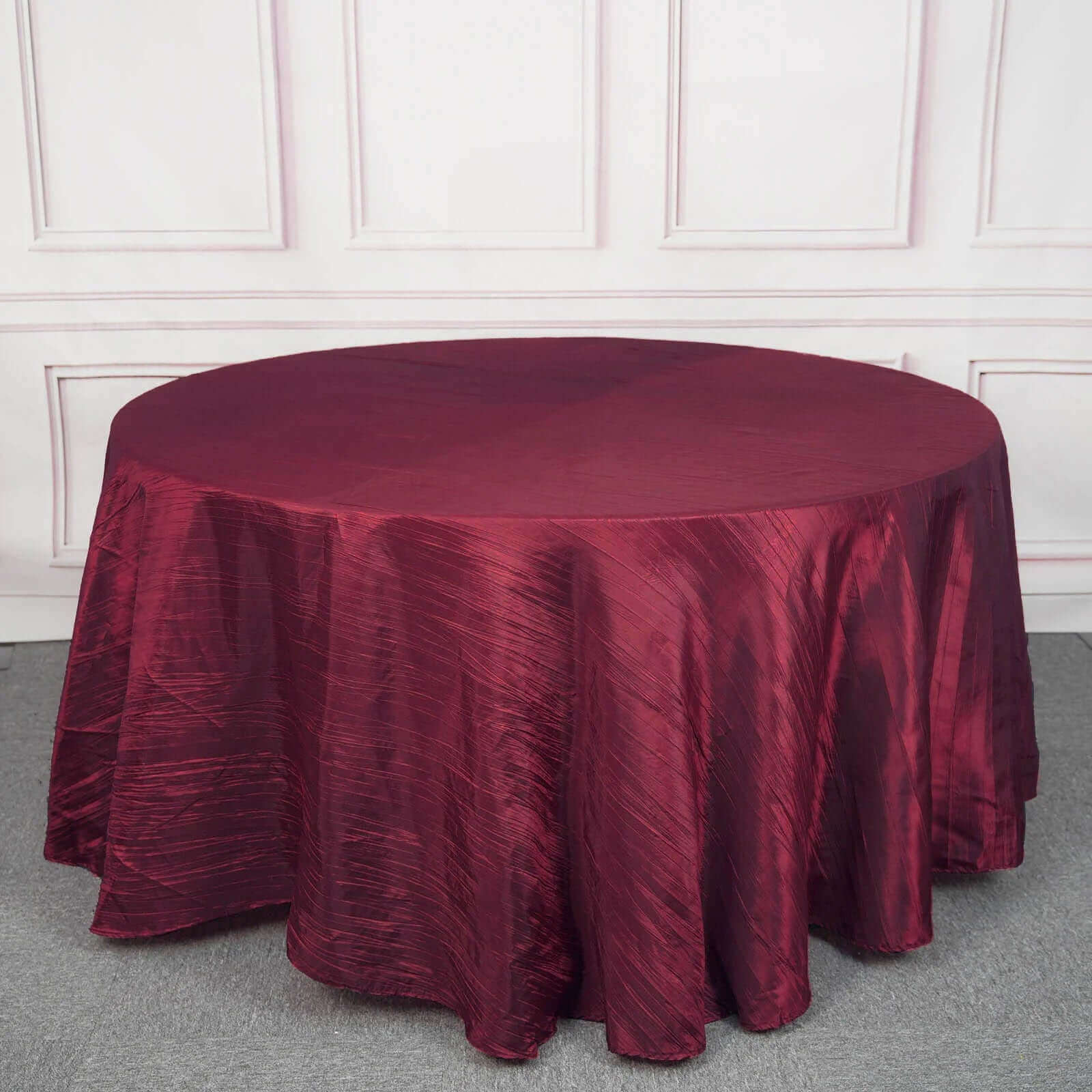 Taffeta 120" Round Tablecloth Burgundy - Seamless Accordion Crinkle Table Cover