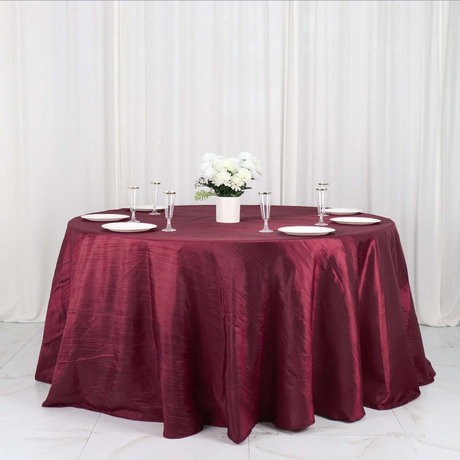 Taffeta 132" Round Tablecloth Burgundy - Seamless Accordion Crinkle Table Cover