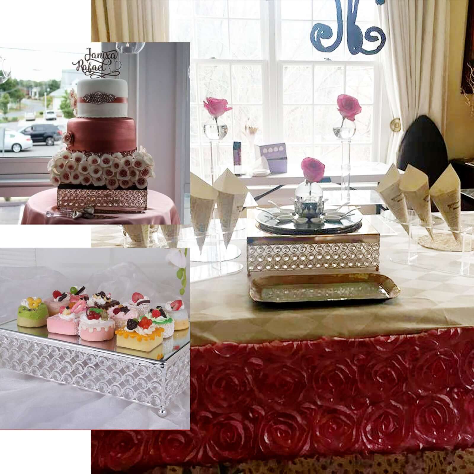 Metal Cake Stand Square Design with Crystal Beads Gold - Dessert Pedestal for Events 16"