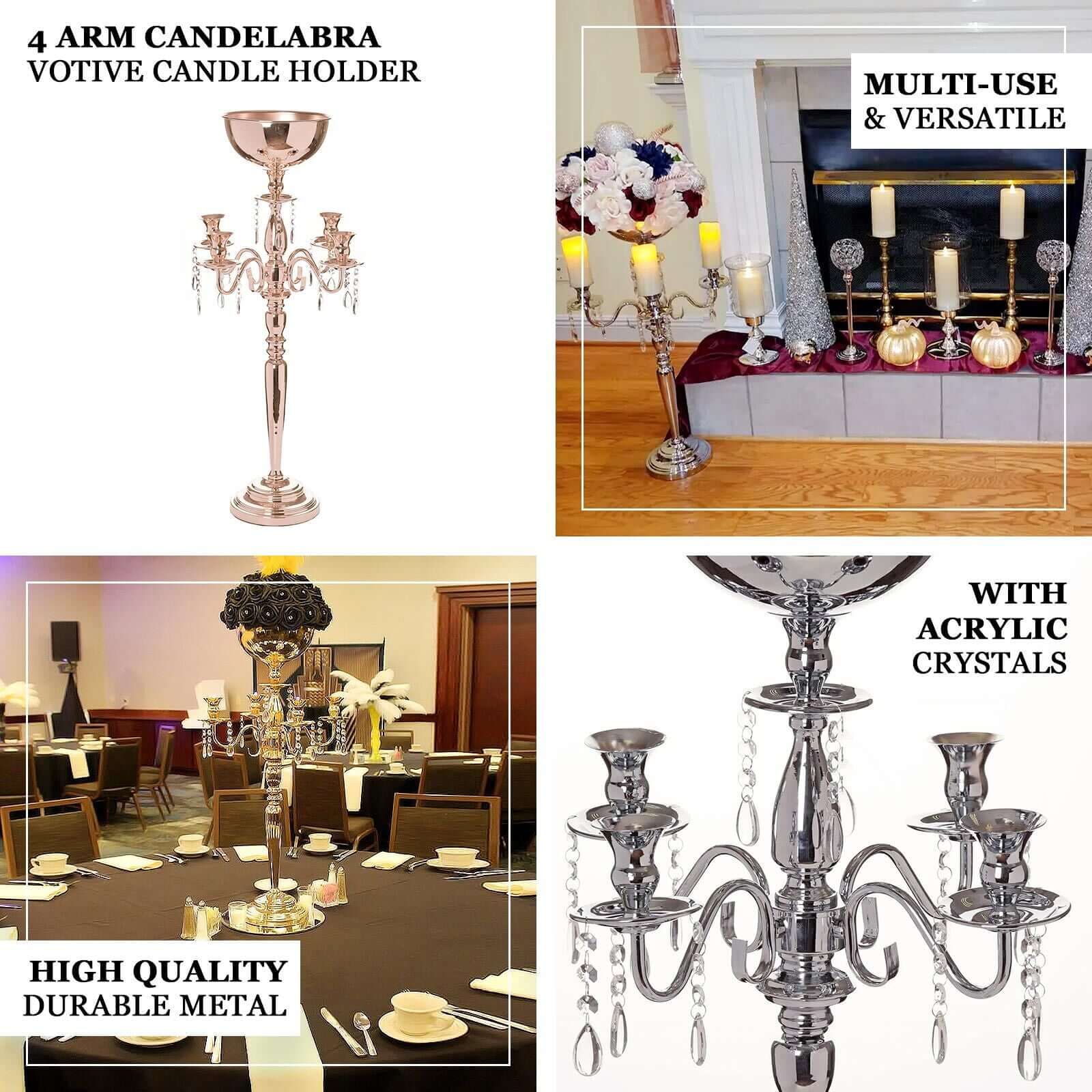 Metal Candelabra 4 Arm Design Gold with Flower Vase Bowl - Table Centerpiece for Weddings 33"