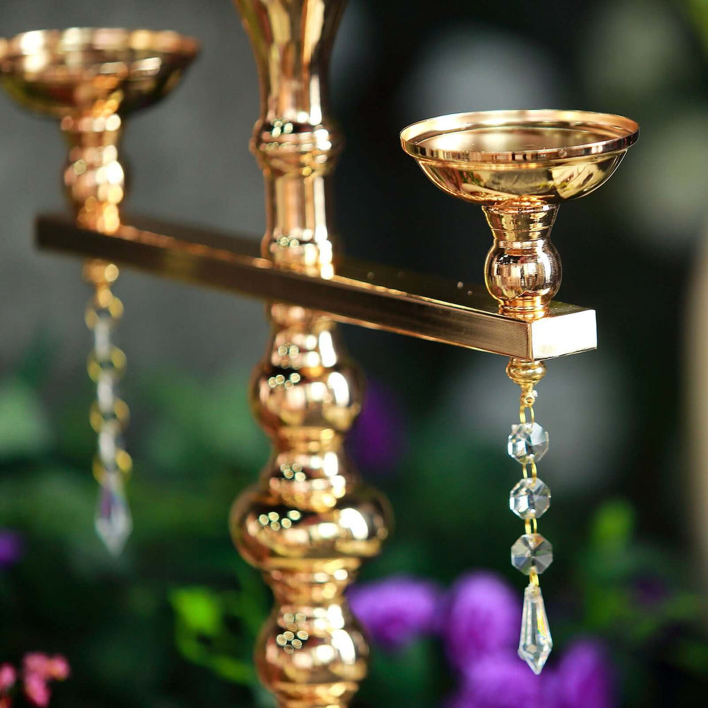 3-Arm Gold Candelabra Metal with Amber Glass Shades - Stylish Table Centerpiece for Gatherings