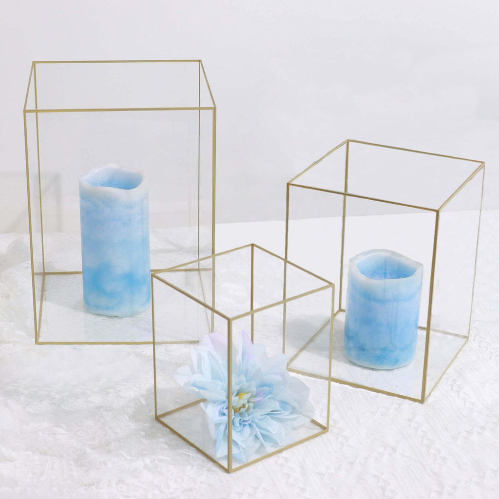 Set of 3 Candle Holders Acrylic Flower Display Boxes with Gold Rims Clear - Decorative Pillar Centerpieces 6", 8", 10"