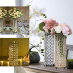 Full Crystal Beaded Candle Holder Shiny Gold Metal - Stylish Pillar Stand for Weddings 16"