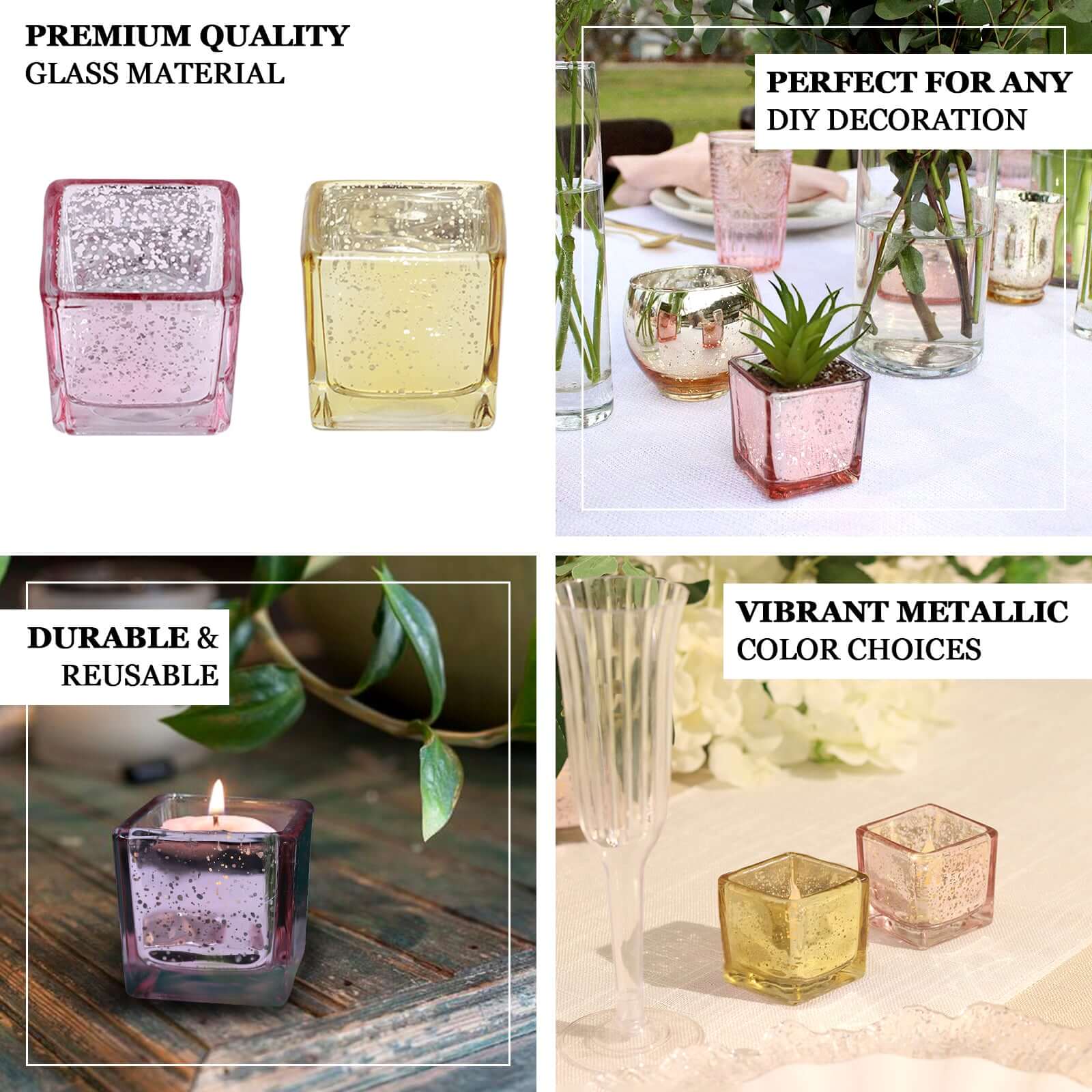 12-Pack Mercury Glass Candle Holders Rose Gold with Speckled Design - Square Votive Tealight Holders 2"