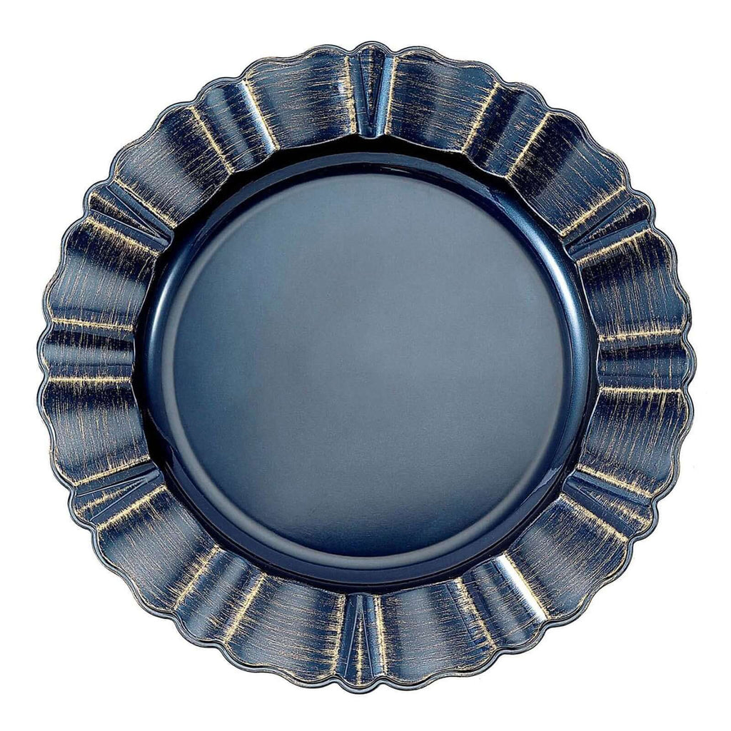 6-Pack Acrylic Plastic Round Charger Plates 13" in Navy Blue with Gold Brushed Wavy Scalloped Rim, Decorative Dinner Party Charger Tableware