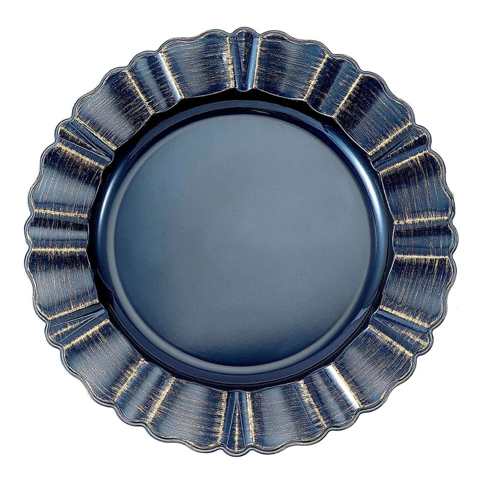 6-Pack Acrylic Plastic Round Charger Plates 13" in Navy Blue with Gold Brushed Wavy Scalloped Rim, Decorative Dinner Party Charger Tableware
