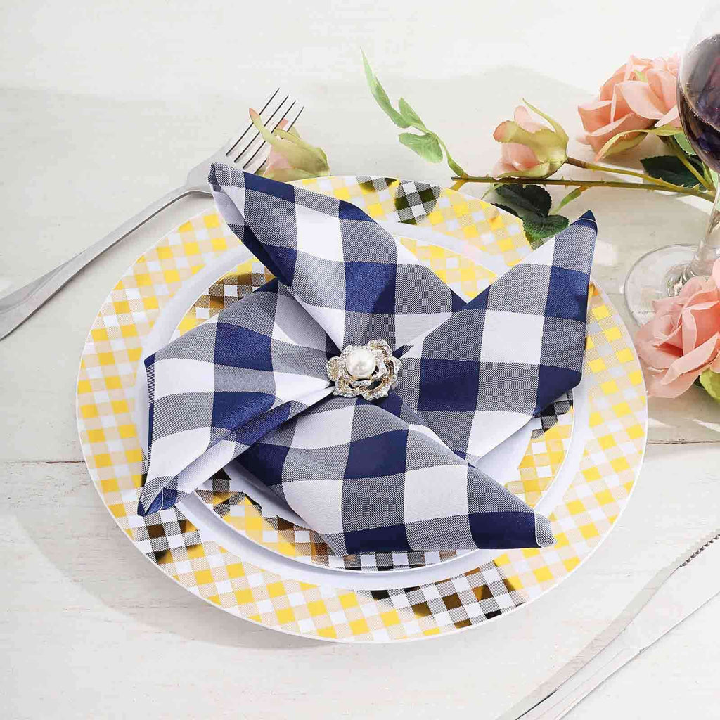5 Pack Polyester 15"x15" Napkins Navy Blue/White Buffalo Plaid Gingham Style Cloth Napkins