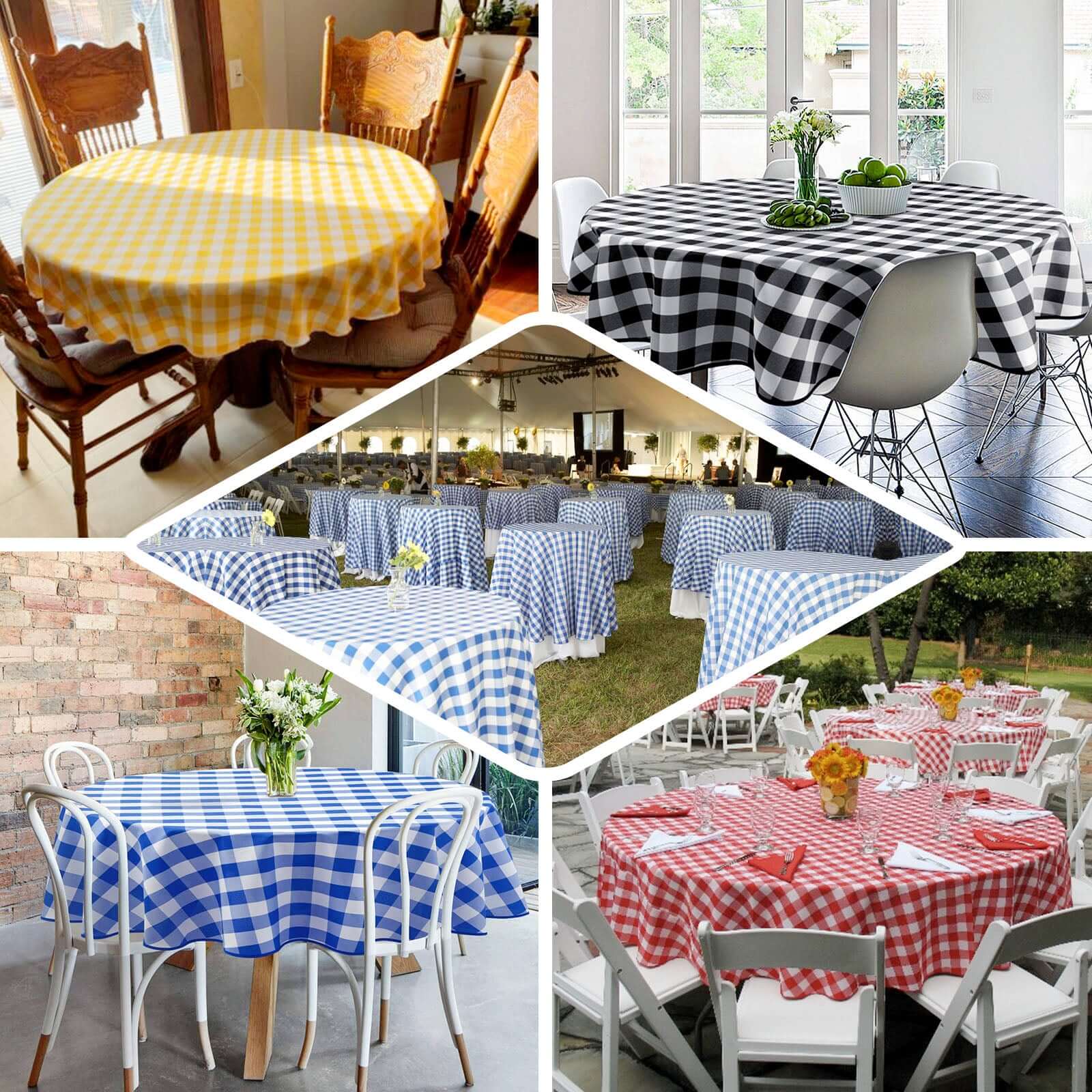 Polyester 70" Round Tablecloth White/Blue - Checkered Buffalo Plaid Table Cover