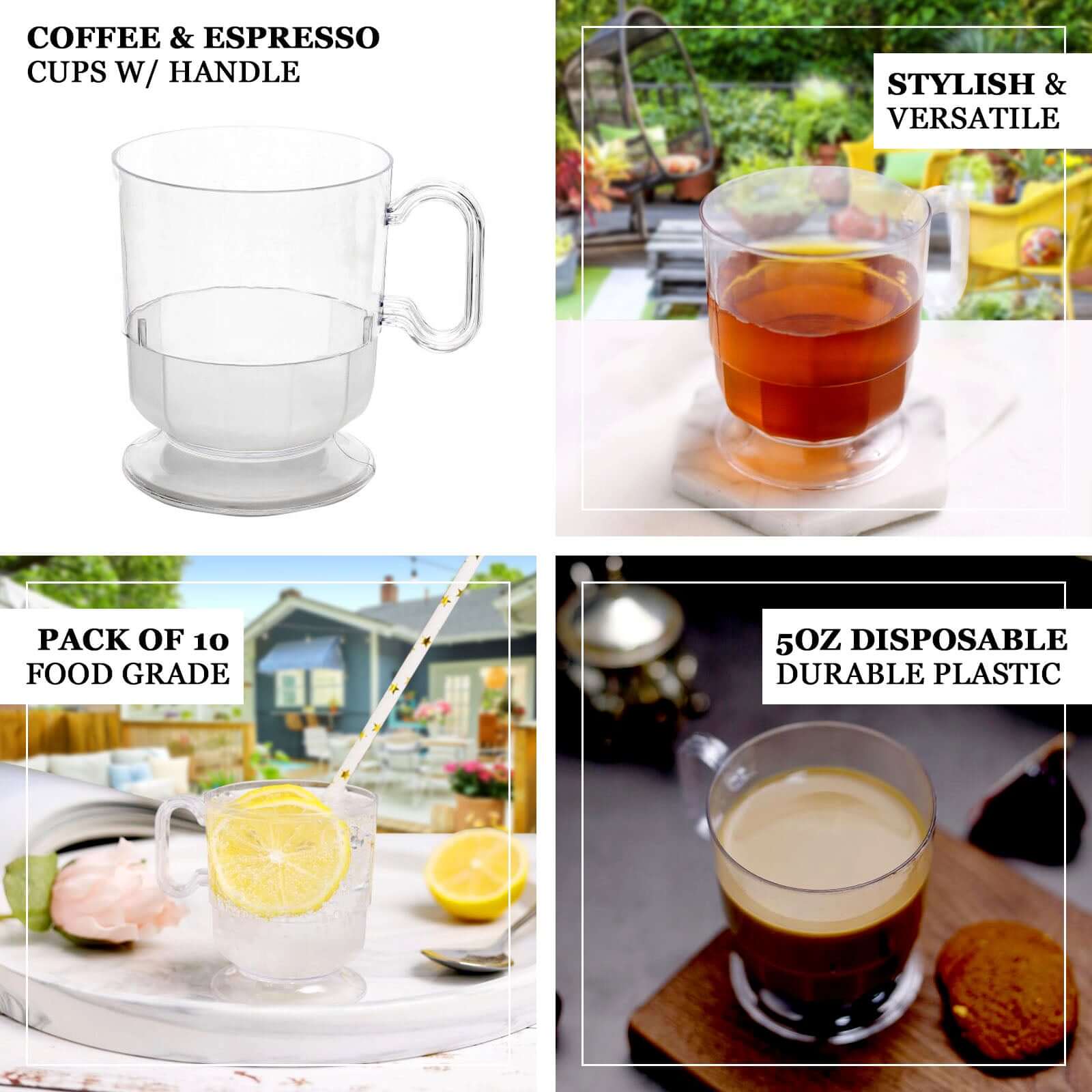10-Pack Plastic Coffee Espresso Cups Clear - Disposable Mugs with Handles for Tea, Lattes & Hot Chocolate 5oz