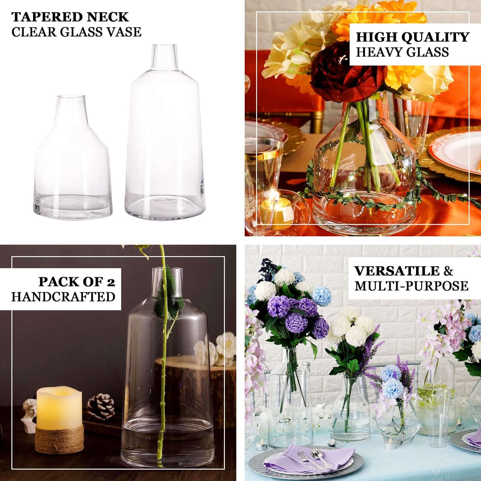 2-Pack Glass Bud Vases Tapered Neck Design Clear - Stylish Floral Table Centerpieces 12"