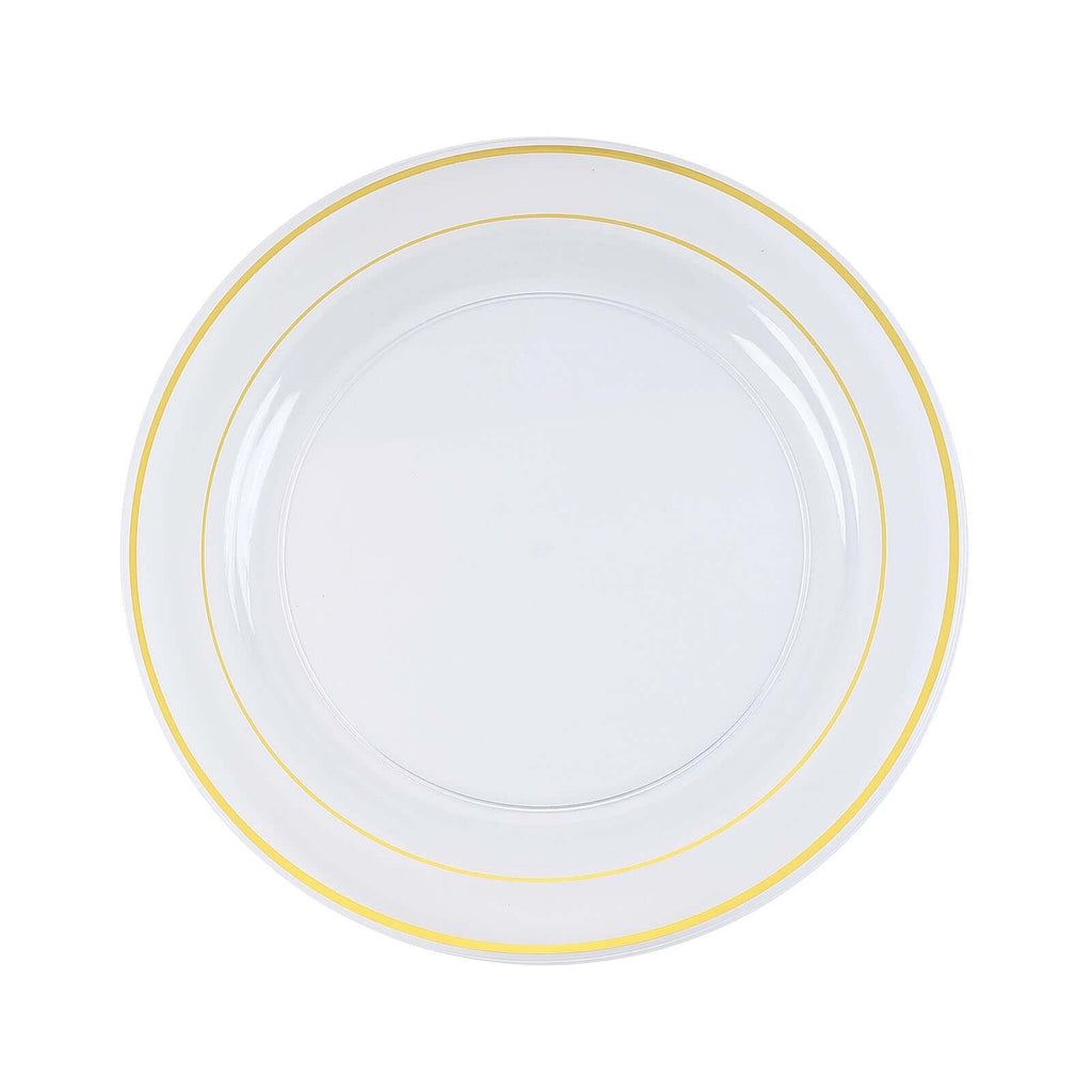 10-Pack Plastic Dinner Plates Clear with TrÃ¨s Chic Gold Rim - Perfect Disposable Party Plates 10"