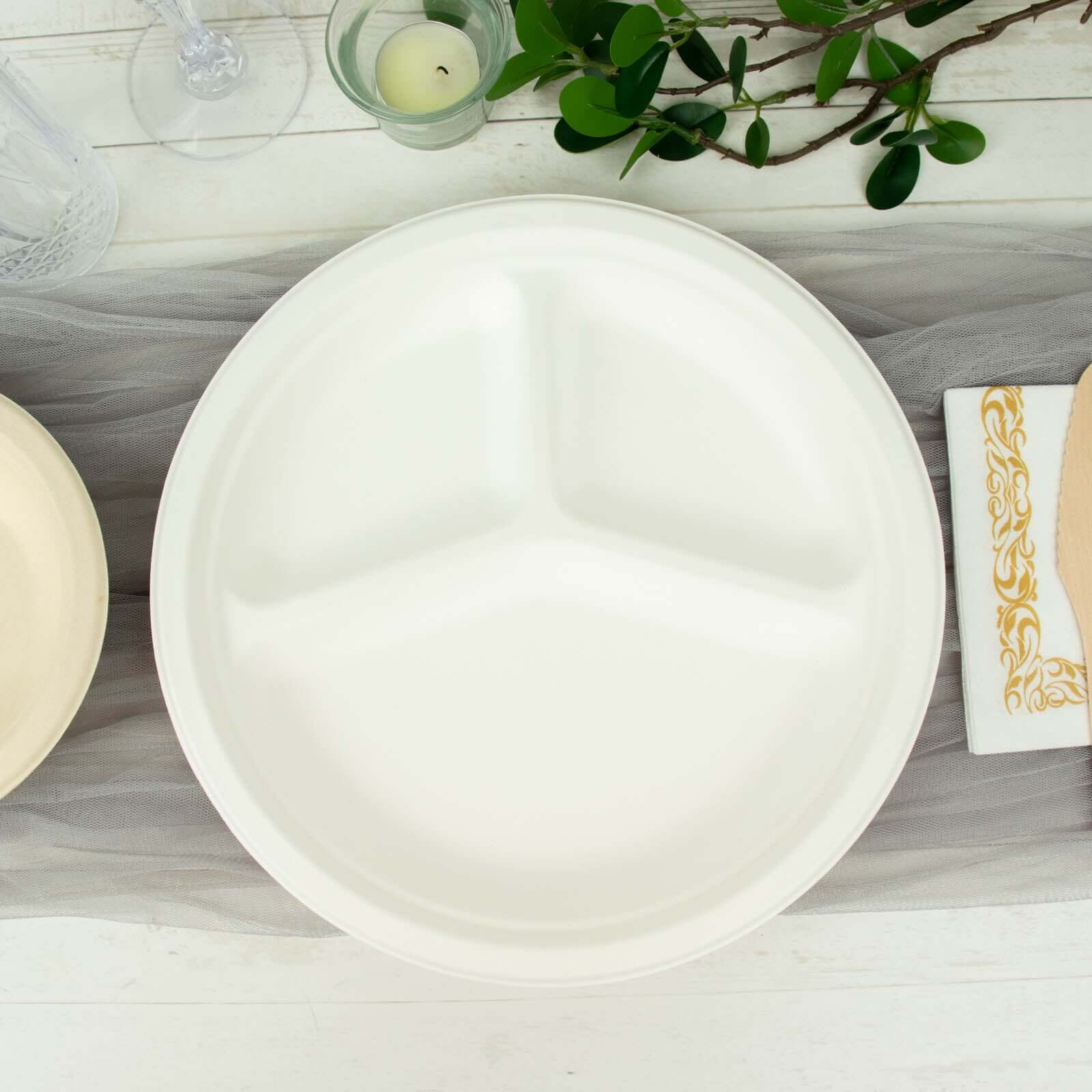 50-Pack Bagasse 10" Round Dinner Plates in White with 3-Compartments - Eco Friendly Biodegradable Sugarcane Divided Plates for Food Trucks Catering & Events