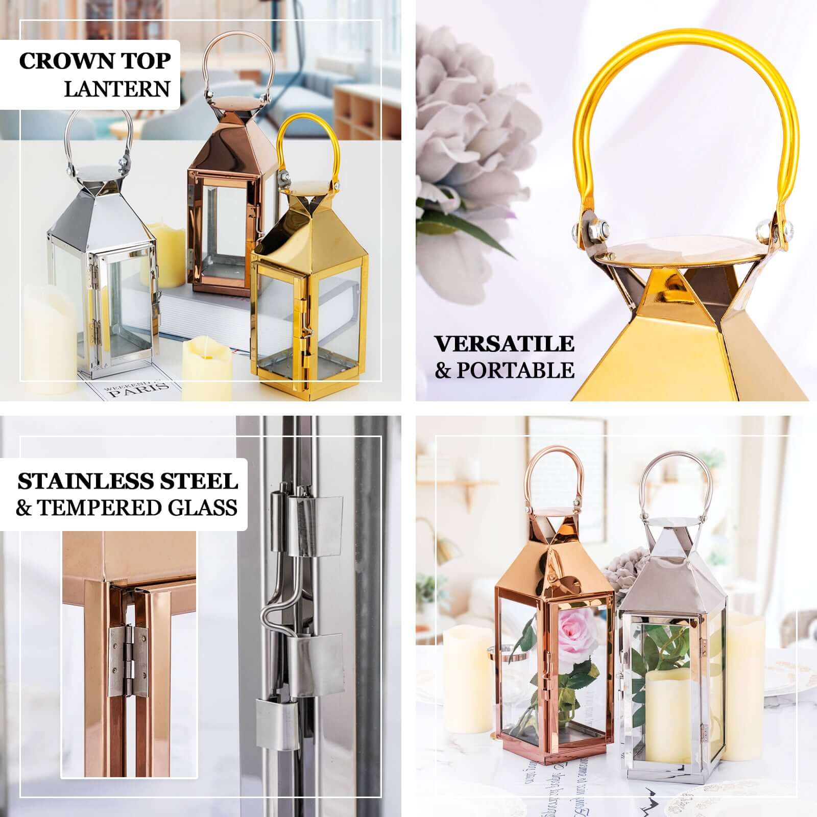 Stainless Steel Candle Lantern Crown Top Design Gold - Outdoor Metal Patio Lantern Centerpiece 14"