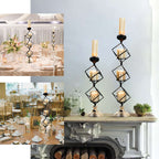 3-Tier Candle Holder Black Geometric Design with Amber Glass Votives & Gold Trim - Modern Decor for Weddings 28" Tall