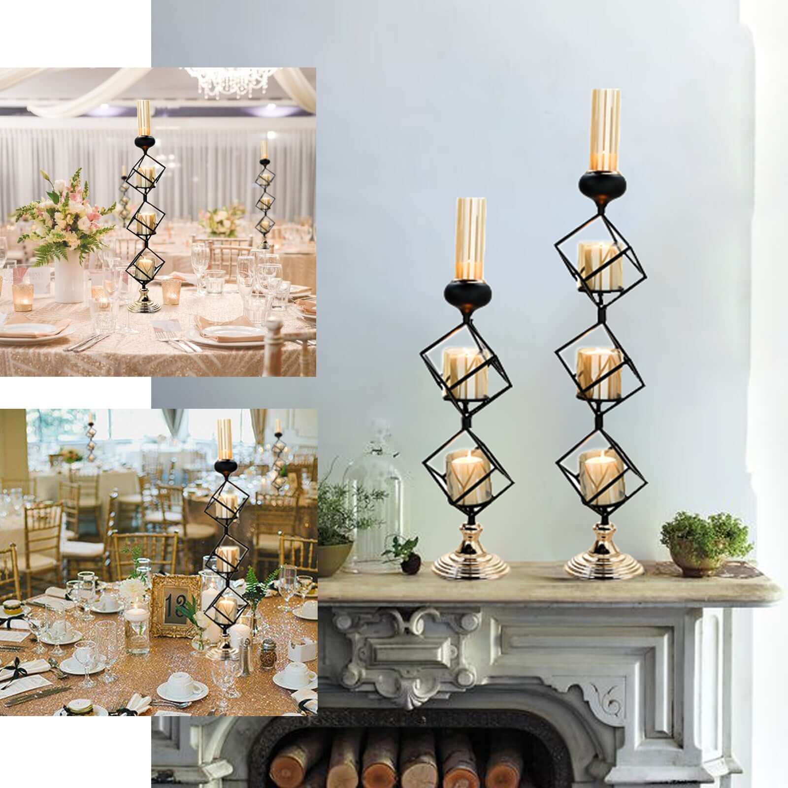 3-Tier Candle Holder Black Geometric Design with Amber Glass Votives & Gold Trim - Modern Decor for Weddings 28" Tall