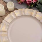 6-Pack Acrylic Plastic Round Charger Plates 13" in Nude Taupe with Gold Brushed Wavy Scalloped Rim, Decorative Dinner Party Charger Tableware