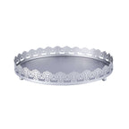Metal Round Serving Tray 12" in Silver with Embellished Rims, Stylish Decorative Vanity Tray Centerpiece