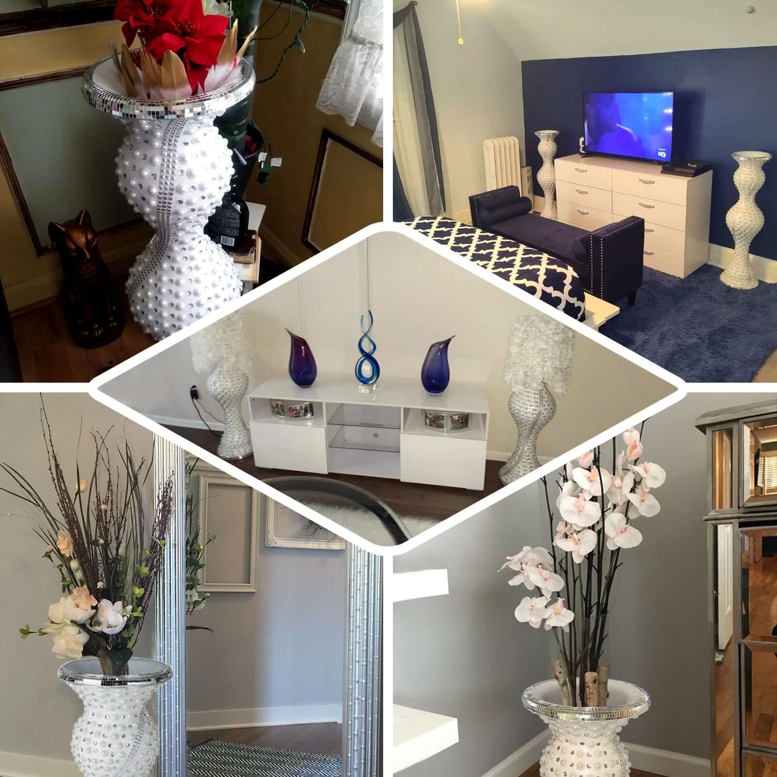 40" Magical Mermaid Style Mirror Mosaic and Pearl Studded Floor Vase