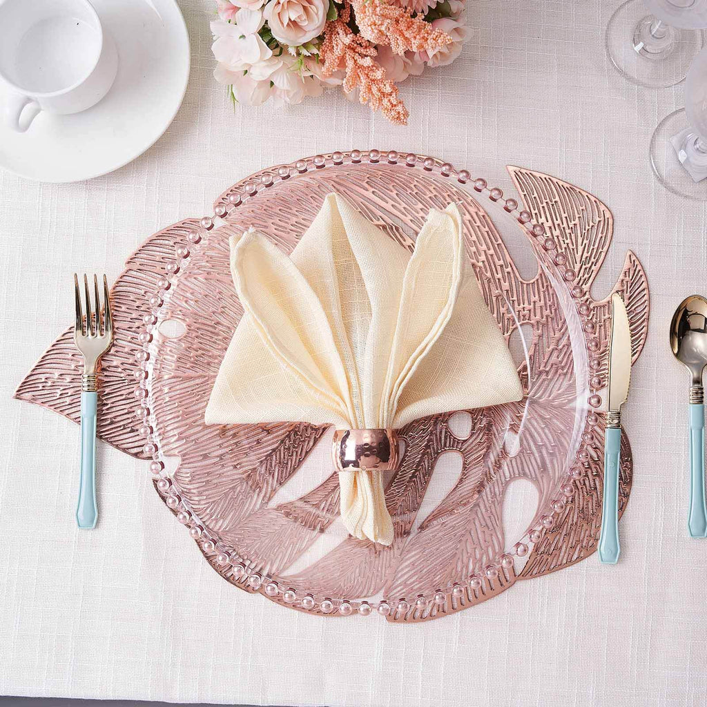 6-Pack Dining Table Mats Monstera Leaf Design Rose Gold - Vinyl Non-Slip Surface for Tropical Themes 18"