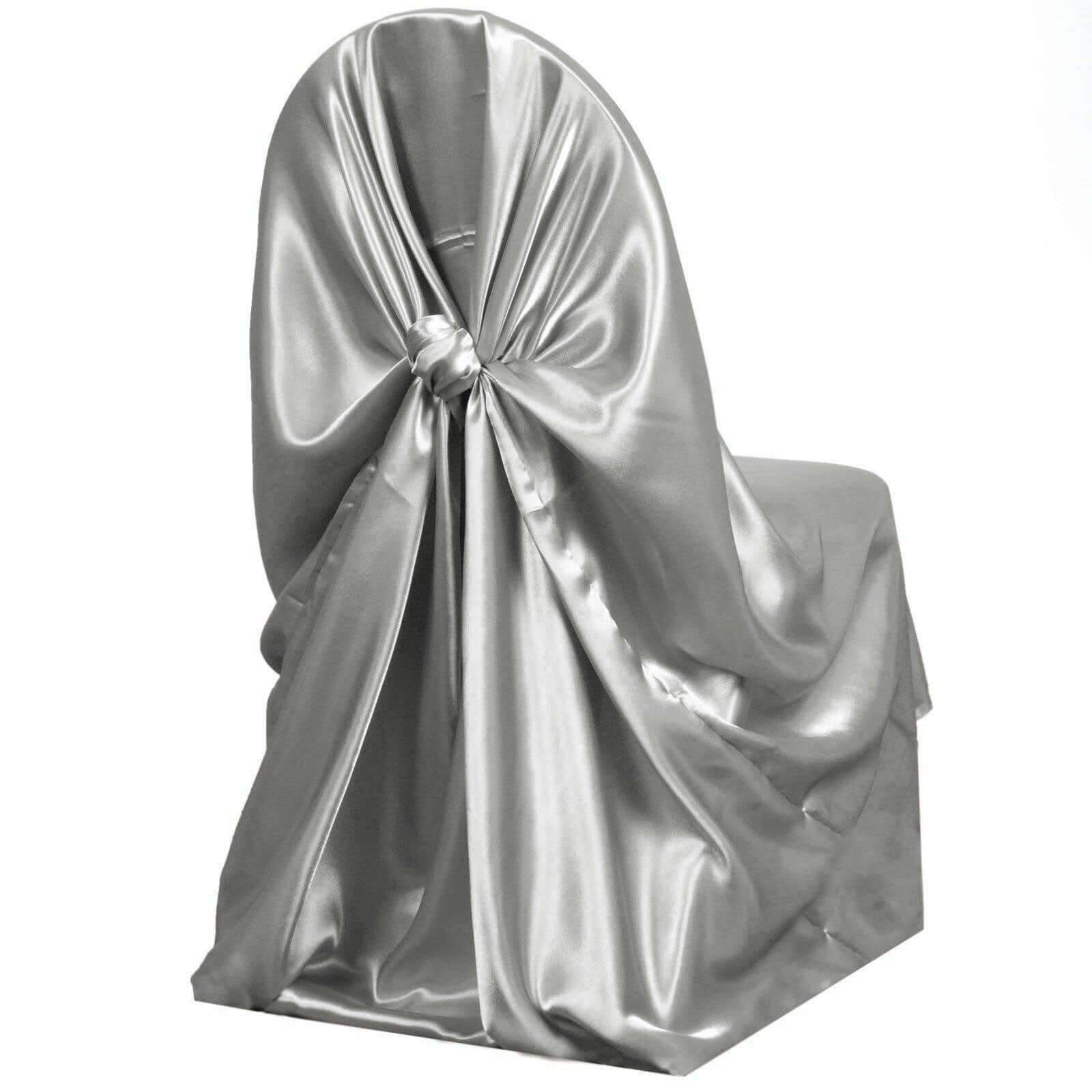Satin Chair Cover Self-Tie Universal Design Silver - Durable Slip-On Cover for Folding, Dining, Banquet & Standard Chairs