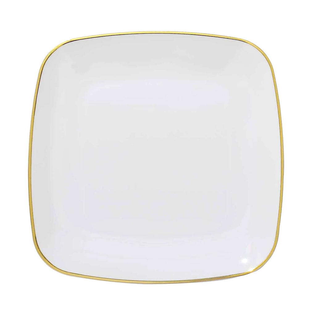 10-Pack Plastic 10" Square Dinner Plates in White with Gold Rim - Classy Disposable Lunch Party Plates for Weddings & Special Events