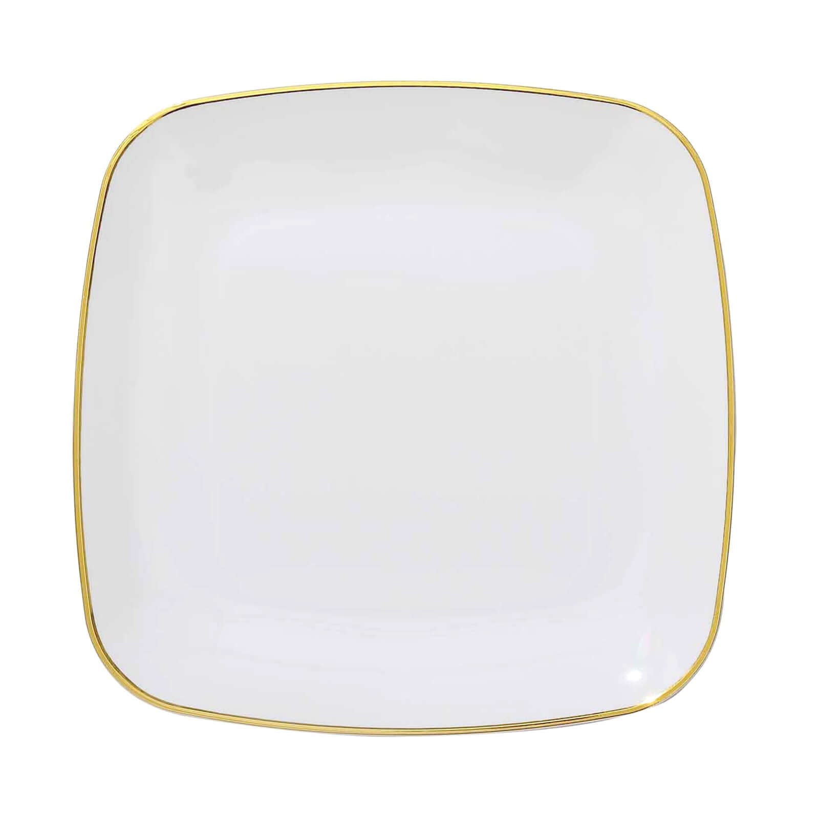 10-Pack Plastic 10" Square Dinner Plates in White with Gold Rim - Classy Disposable Lunch Party Plates for Weddings & Special Events