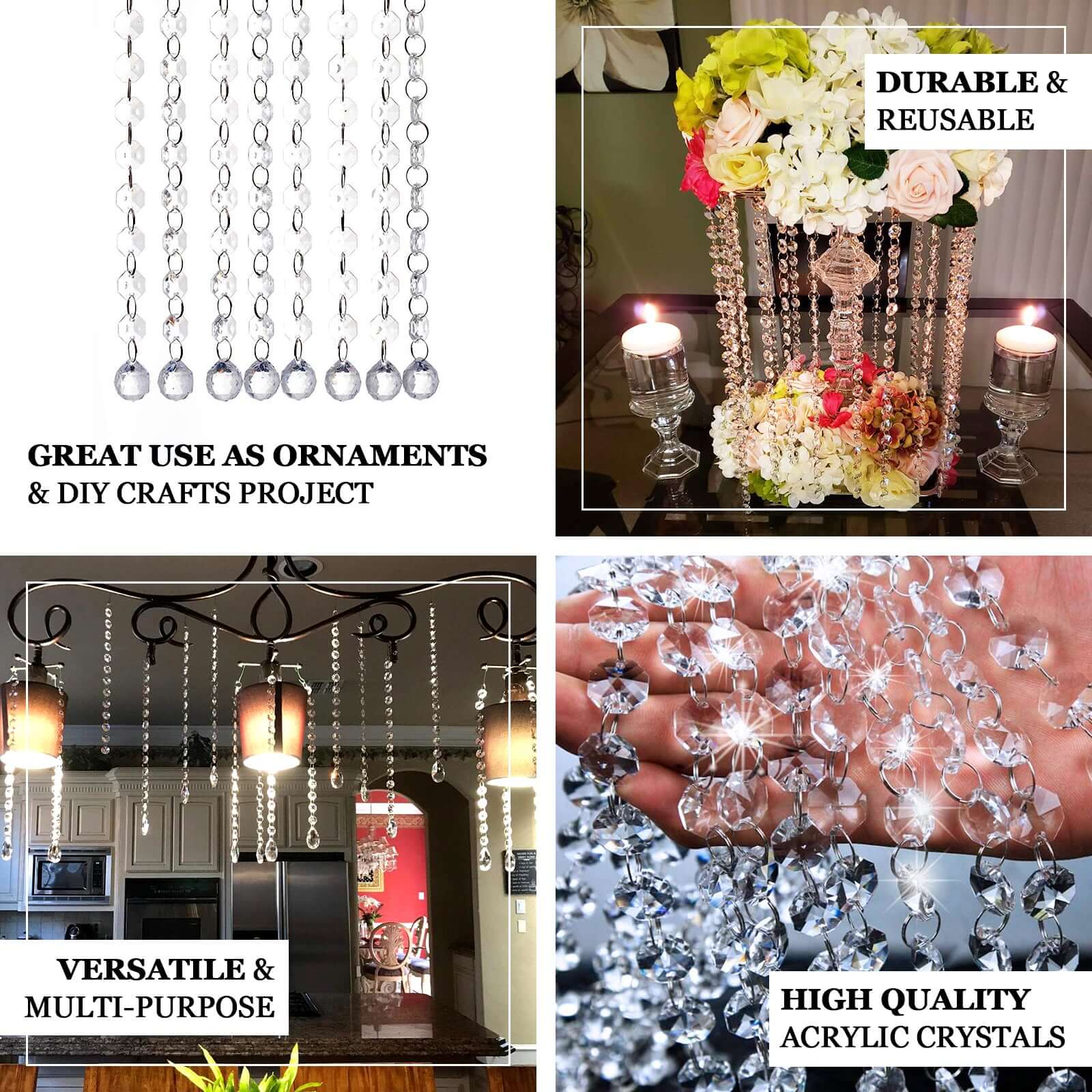 8-Pack Acrylic Crystal Garland Strands Clear - Glamorous Hanging Octagonal Beaded Chain Ornaments for Draping Centerpieces & Lighting Decor 13"
