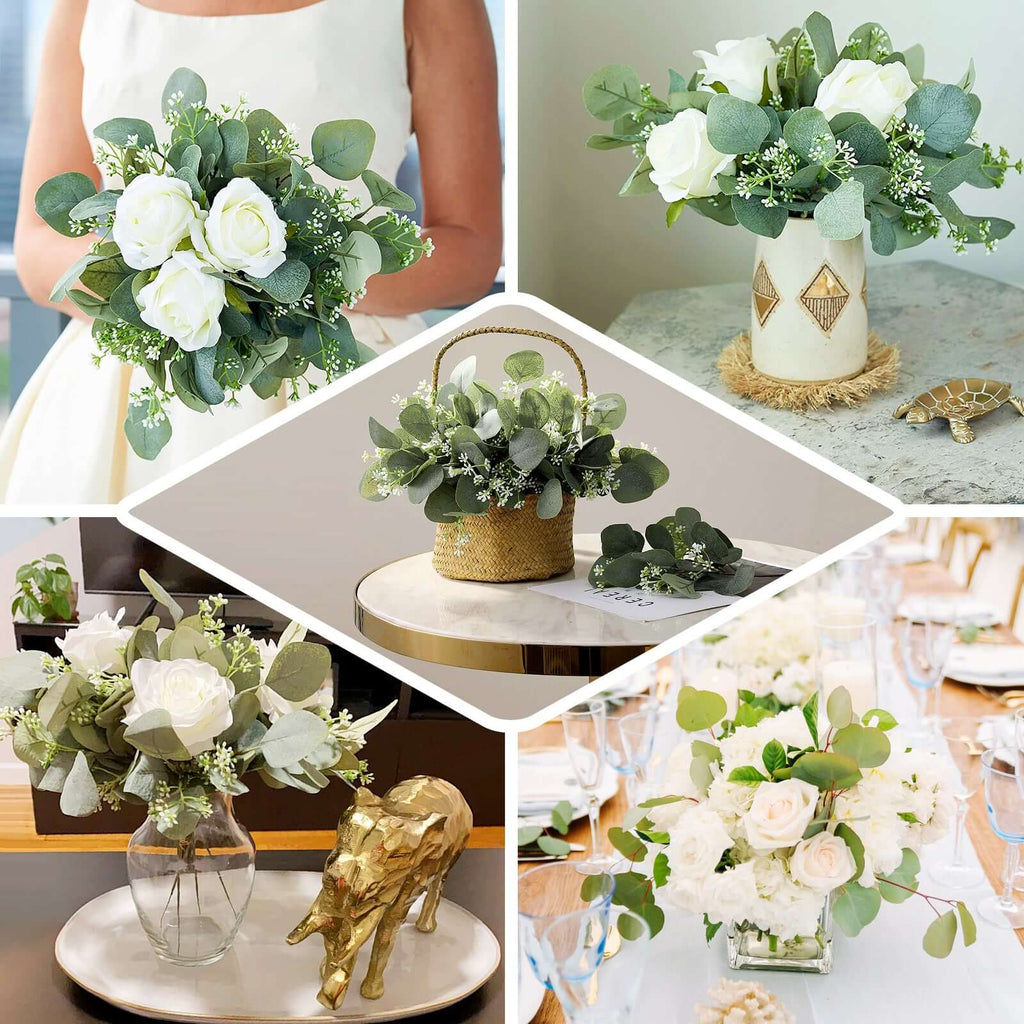 15" Ivory Artificial Silk Rose and Eucalyptus Flower Bouquet Arrangement