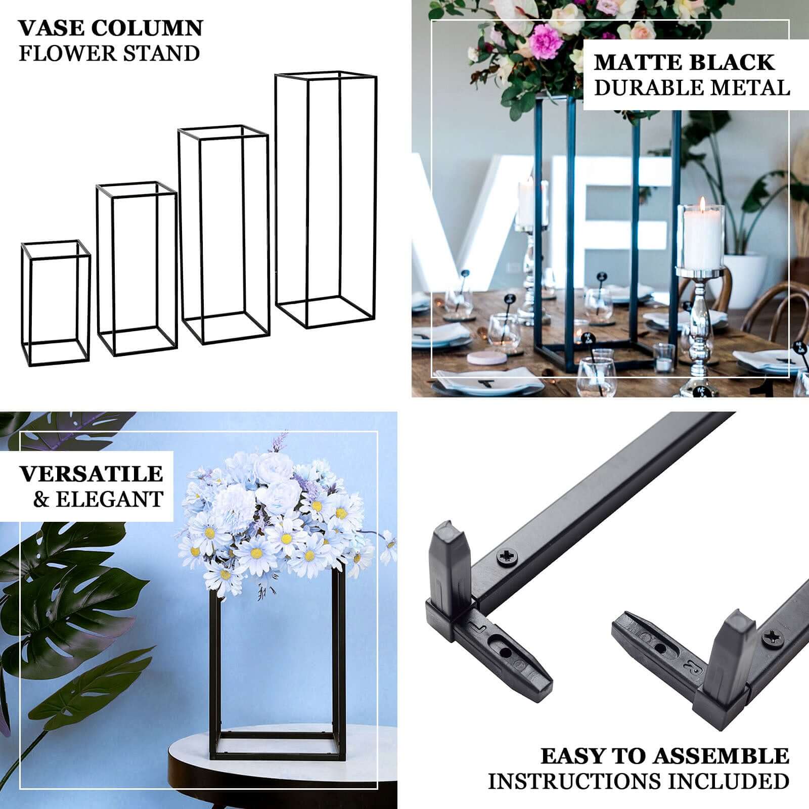 2-Pack Wedding Flower Stand Matte Black Metal Geometric Column Frame Rectangular - Versatile Floral Pedestal for Sophisticated Arrangements 40"