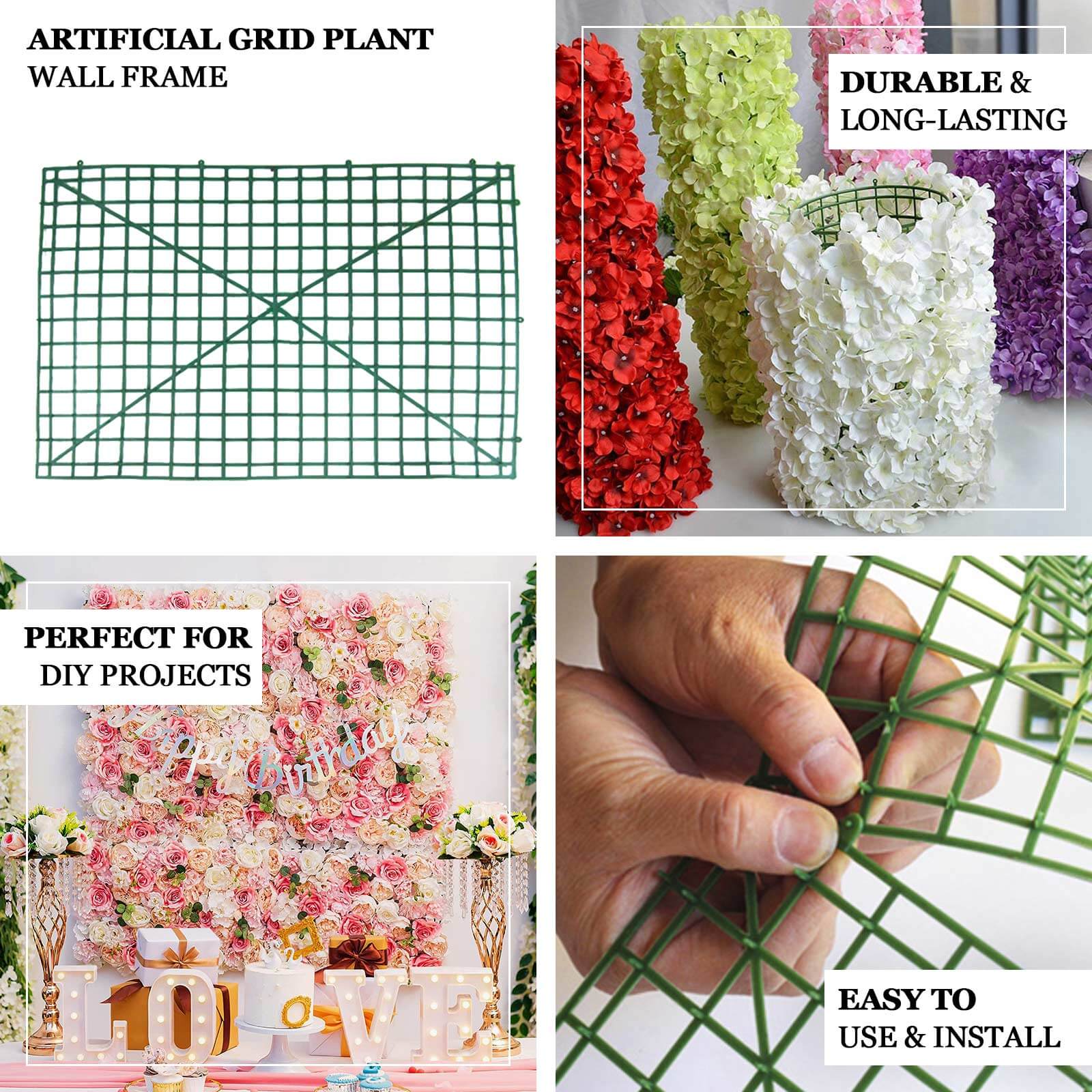 10 Pack 24"x16" Dark Green Artificial Flower Wall Grid Panel Frames, DIY Plastic Mesh Plant Wall Backdrop Fences
