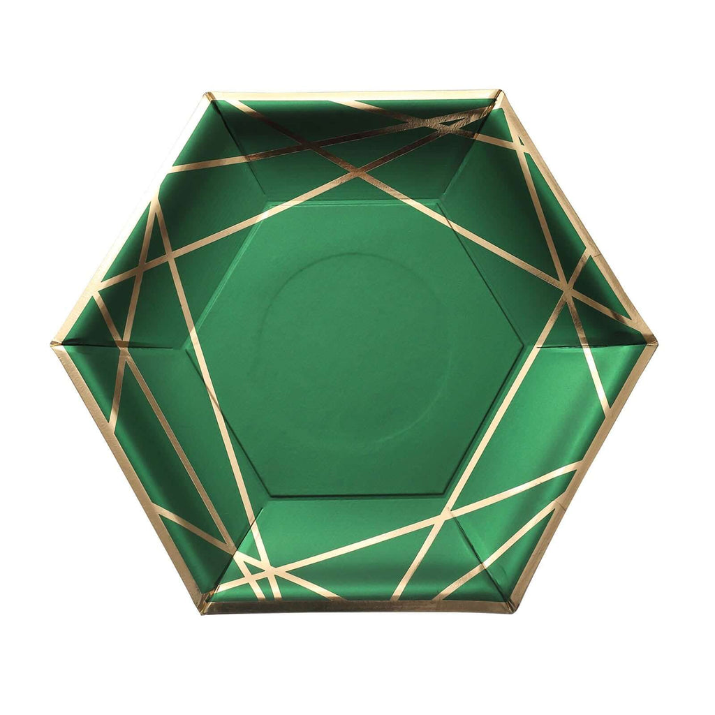 25-Pack Paper 9" Hexagon Dinner Plates in Hunter Emerald Green with Gold Geometric Lines & Rim - Stylish Disposable Geometric 300GSM Party Plates