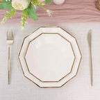 25-Pack Paper 9" Decagon Dinner Plates in White with Gold Foil Rim - Disposable Geometric Party Plates for Modern Weddings & Events