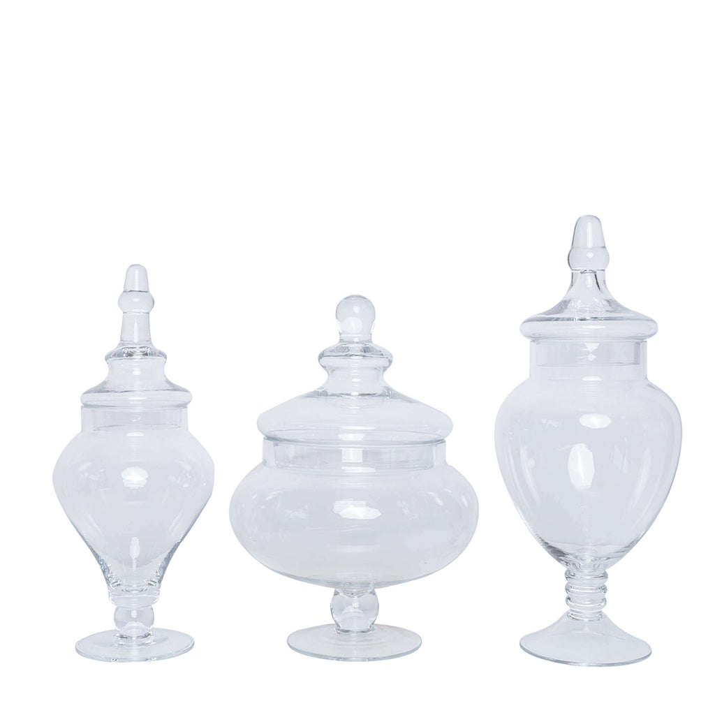 Set of 3 Glass Candy Jars Pedestal Apothecary Design Clear with Snap-On Lids - Stylish Party Favor Containers 10"/12"/14"