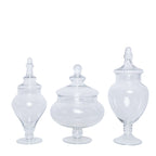 Set of 3 Glass Candy Jars Pedestal Apothecary Design Clear with Snap-On Lids - Stylish Party Favor Containers 10"/12"/14"