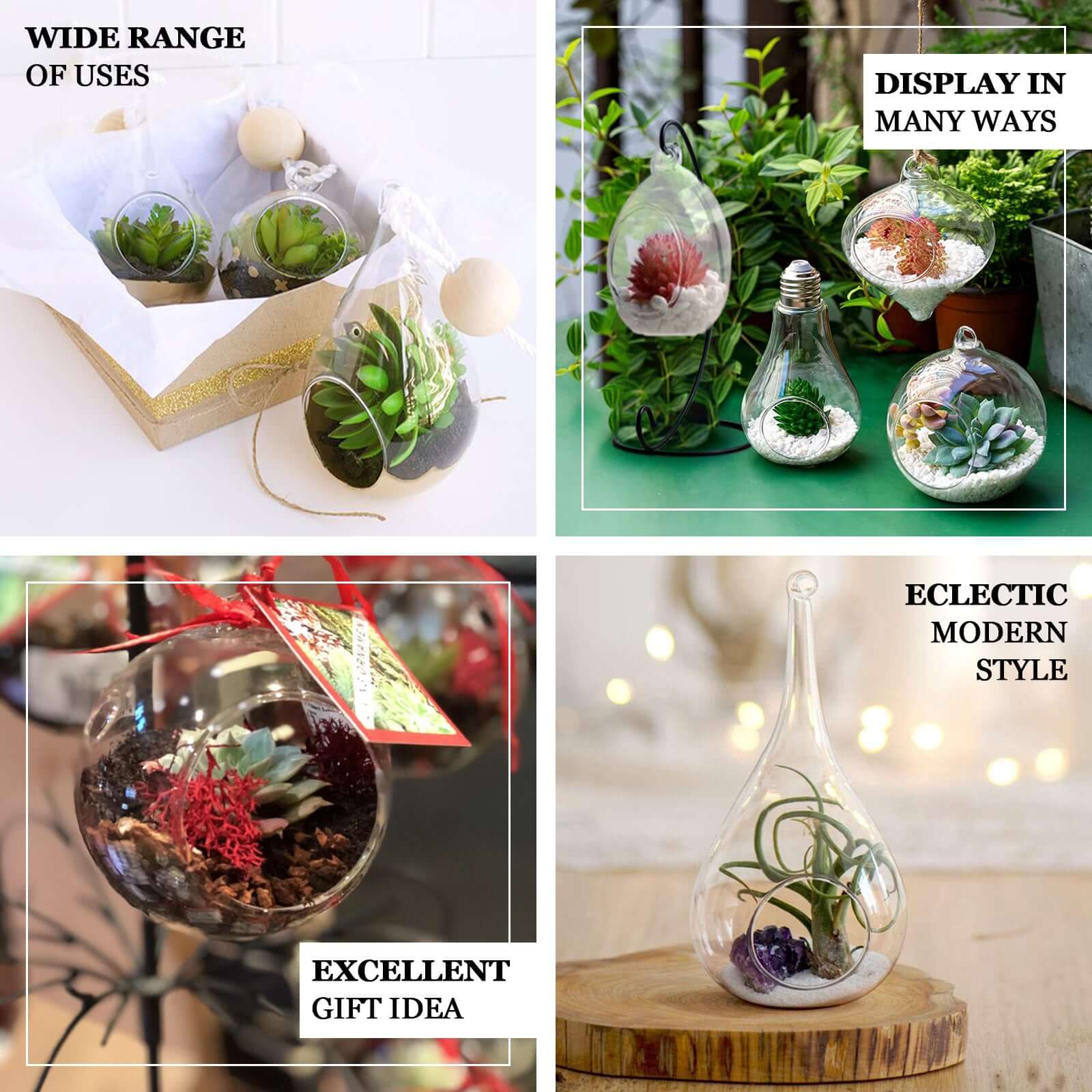 Glass Terrarium Hanging Bell Shaped Design with Twine Rope - Unique Free-Falling Planter for Air Plants & Displays 9"