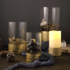 Set of 3 Glass Cylinder Vases Honeycomb Design Clear with Gold Base - Decorative Candle Holder Centerpieces 6", 8", 10"