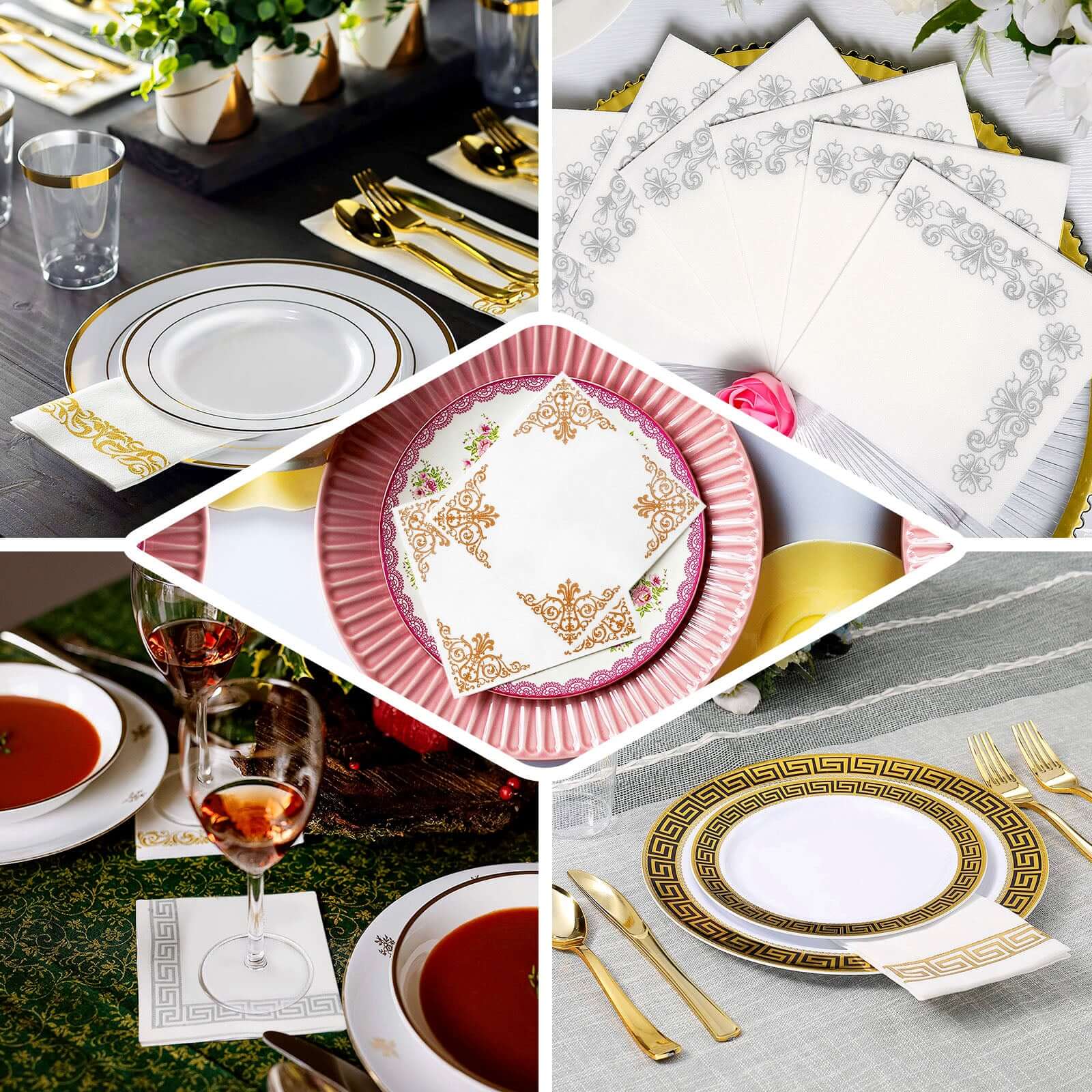 25 Pack Linen-Like Paper 5"x5" Napkins White with Gold Greek Key Design - Hygienic Disposable Airlaid Party Napkins