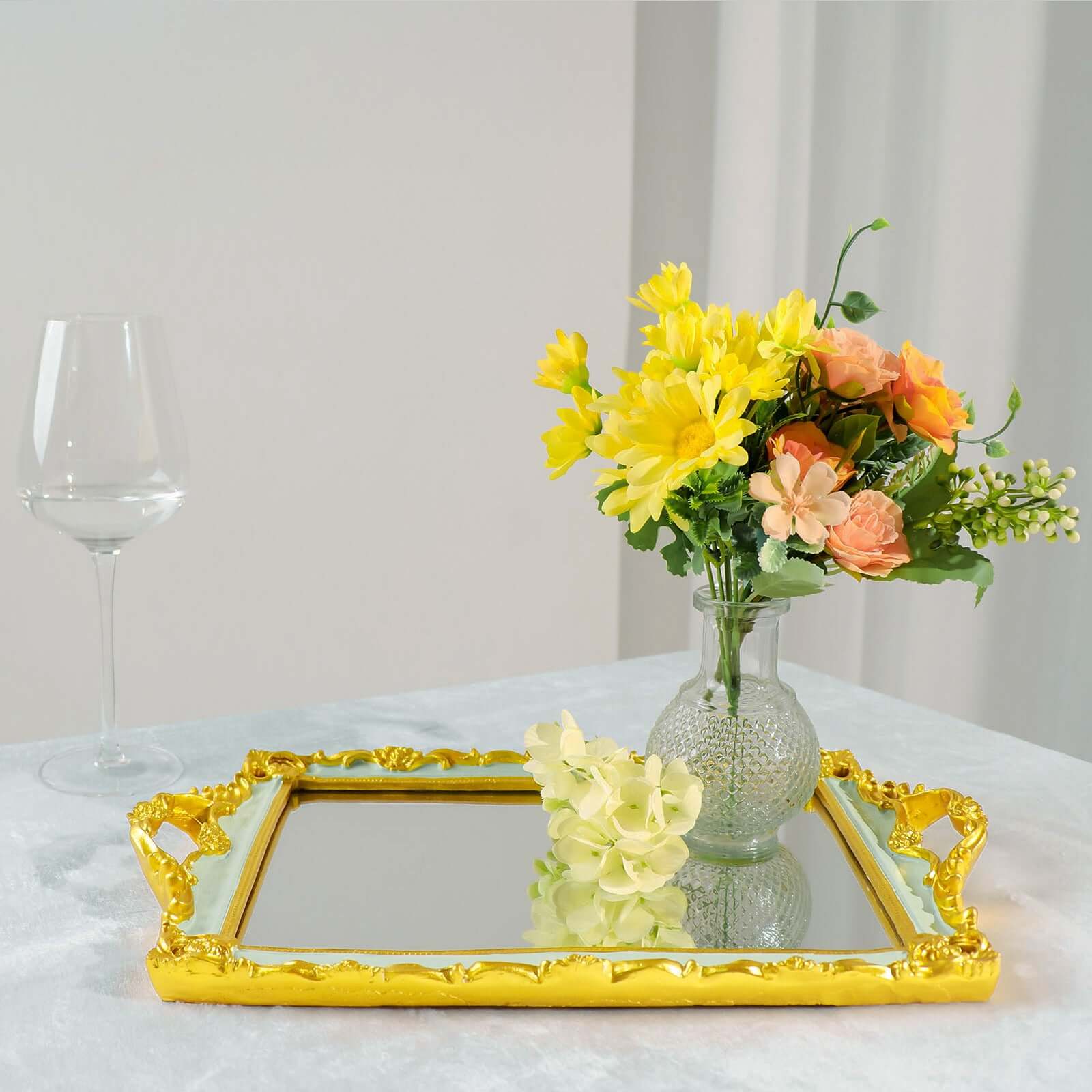 Resin Mirrored Rectangle Serving Tray 15"x10" in Mint Green with Gold Baroque Design, Stylish Decorative Vanity Tray Centerpiece