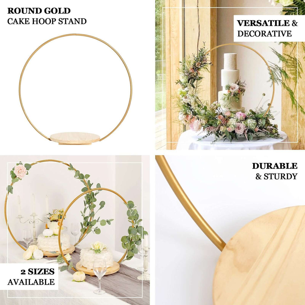 Metal Round Floral Hoop Cake Stand Gold - Chic Geometric Dessert Display DIY Centerpiece Table Decoration With Wooden Base 33"