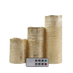 Set of 3 LED Flameless Pillar Candles Remote Operated Metallic Gold - Battery Powered 4", 6", 8"