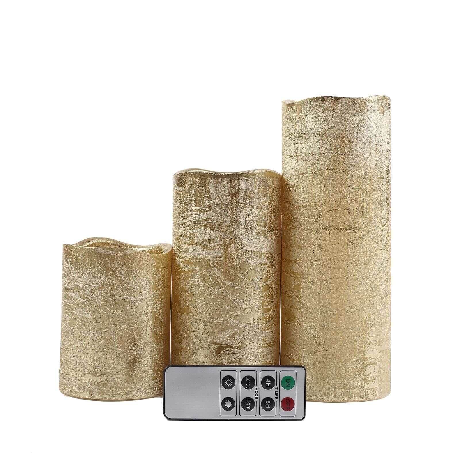 Set of 3 LED Flameless Pillar Candles Remote Operated Metallic Gold - Battery Powered 4", 6", 8"