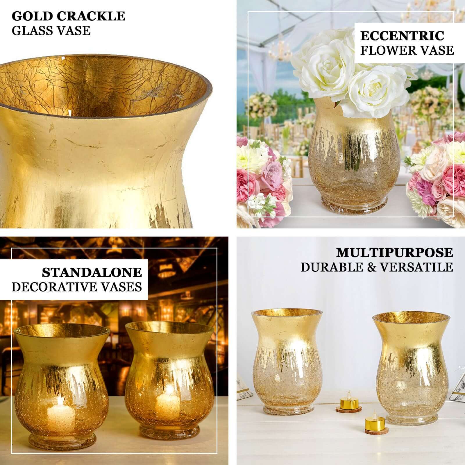 2-Pack Glass Hurricane Vases Bell Shaped Crackle Gold Curvy Design - Stylish Candle Holder Centerpieces 8"