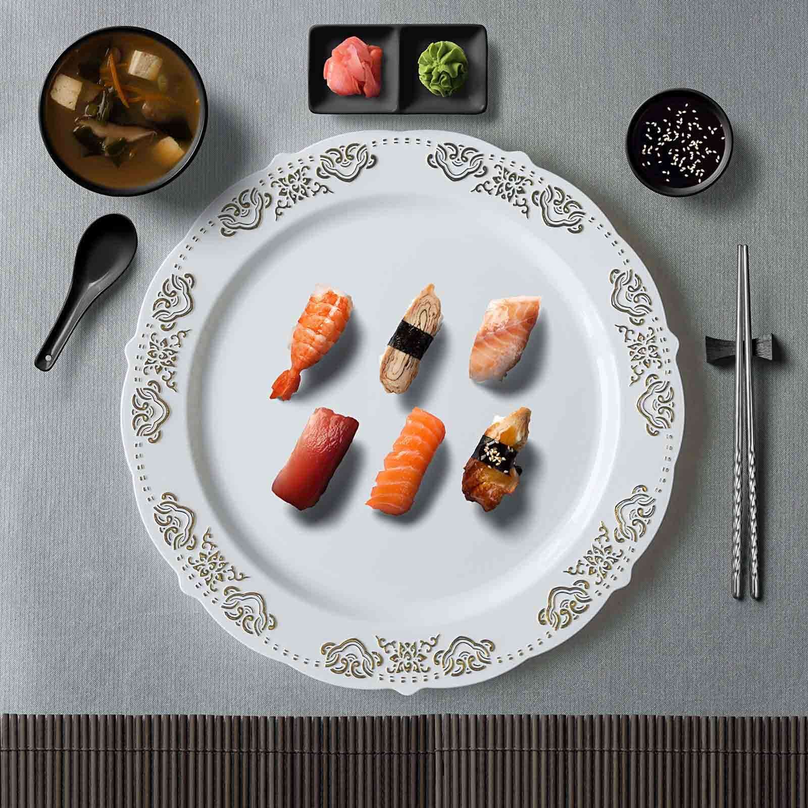 10-Pack Plastic 10" Round Dinner Plates in White with Gold Embossed Scalloped Edge - Chic Disposable Party Plates for Special Occasions & Banquets