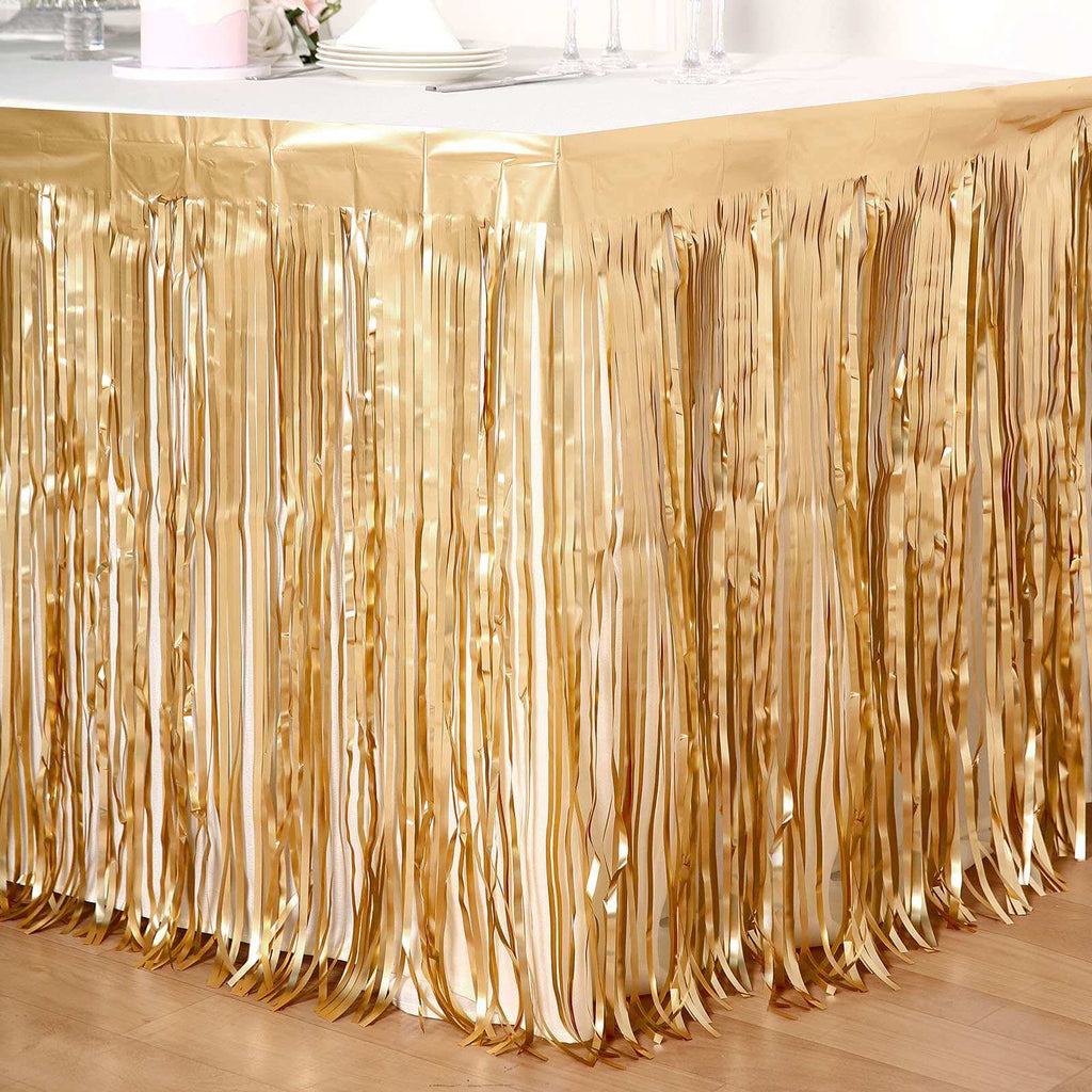 Metallic Foil Fringe Table Skirt Matte Gold with Self Adhesive Backing - Durable Tinsel Skirt for Parties 30"x9ft