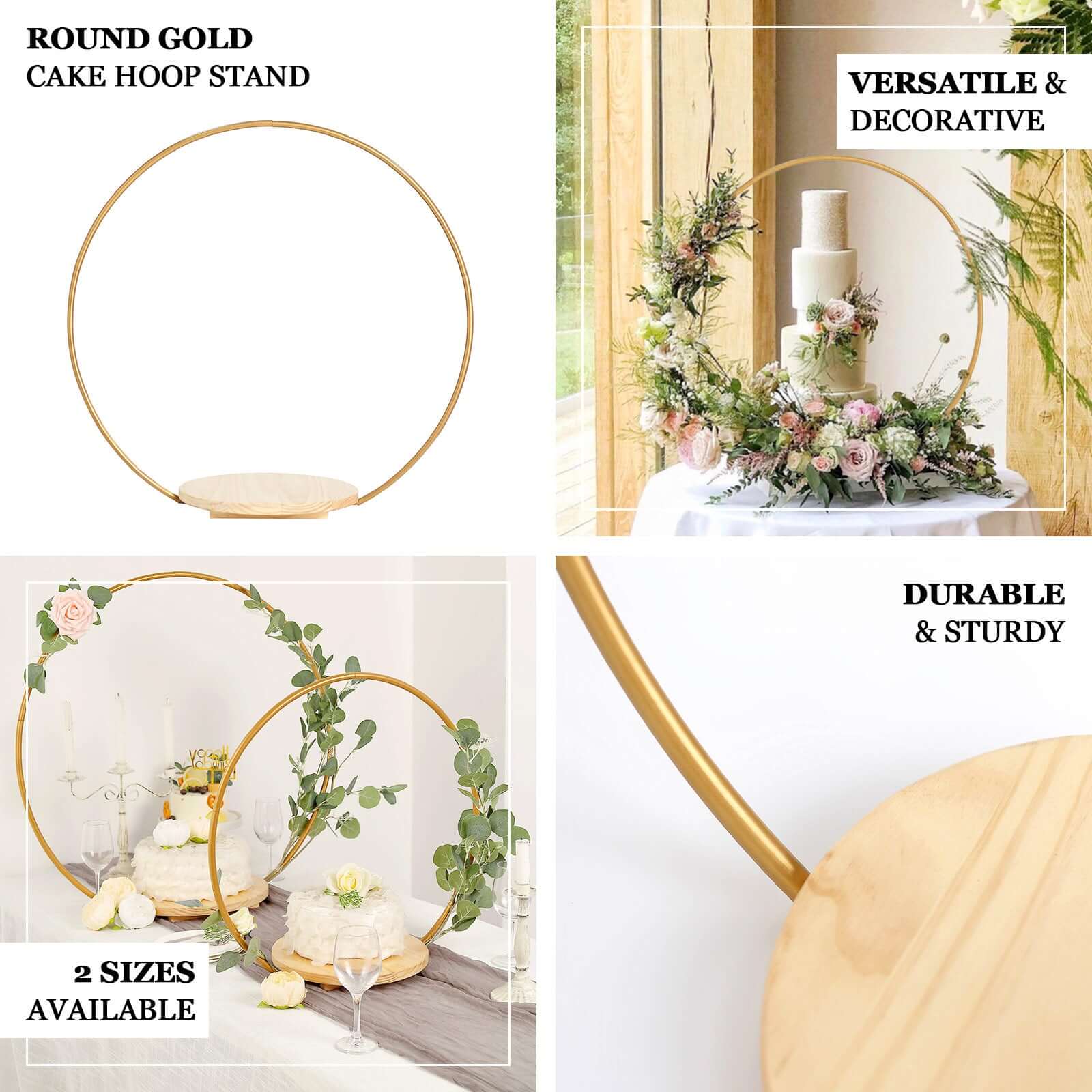 Metal Round Floral Hoop Cake Stand Gold - Chic Geometric Dessert Display DIY Centerpiece Table Decoration With Wooden Base 20"