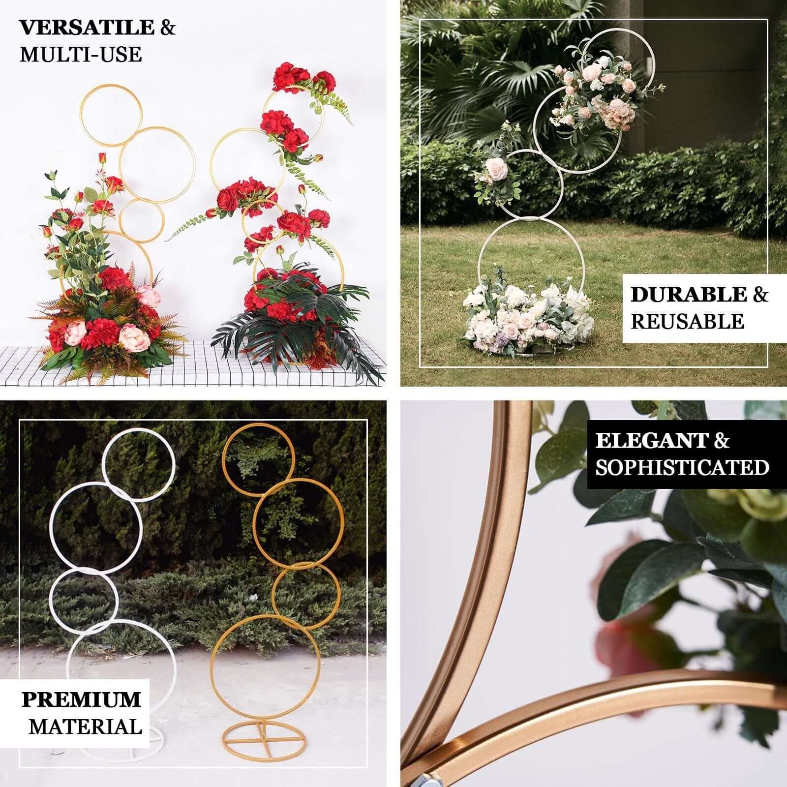 5ft 4-Tiered Gold Hoop Pillar Flower Stand, Metal Wedding Arch Table Centerpiece - Hoop Wreath