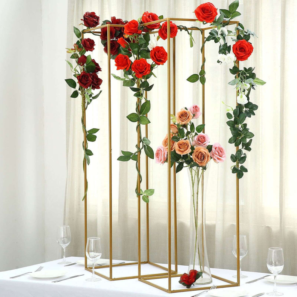 2-Pack Wedding Flower Stand Gold Metal Geometric Column Frame Rectangular - Versatile Floral Pedestal for Upscale Arrangements 48"